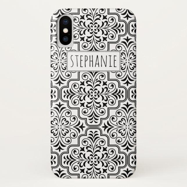 Coques Case-Mate iPhone Motif et nom damassé noir et blanc (Dos)