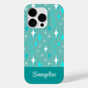 Coque Pour iPhone 14 Pro Motif étoile rétro sarcelle et blanc modifiable