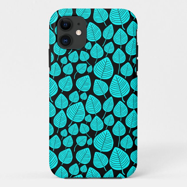 Coques Case-Mate iPhone Motif feuille 02 - Cyan sur noir (Dos)