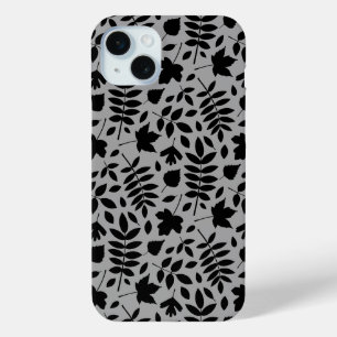 Coque iPhone 15 Mini Motif Feuille tombé noir sur gris