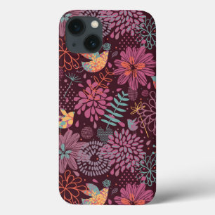 iPhone 13 Coque Motif floral abstrait avec des oiseaux