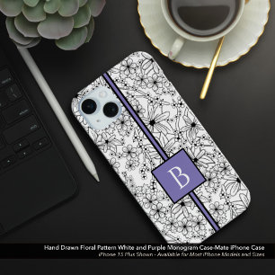 Coque iPhone 15 Mini Motif floral blanc dessiné à la main Monogramme vi