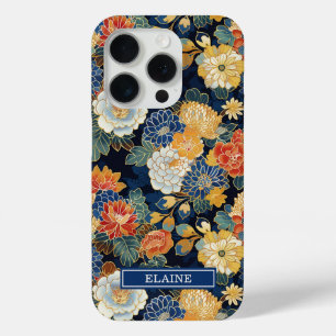 Coque iPhone 15 Pro Motif floral bleu japonais monogrammé