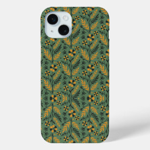 Coque iPhone 15 Mini Motif floral botanique stylisé orange et noir