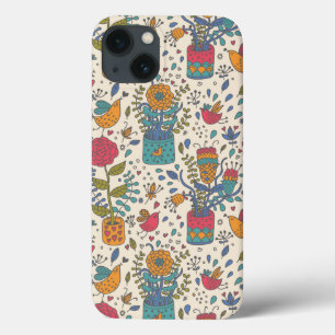 Etui iPhone 13 Motif floral de bande dessinée avec les oiseaux 2