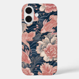 Coque Pour iPhone 16 Motif floral de chinoiserie bleu rose koi