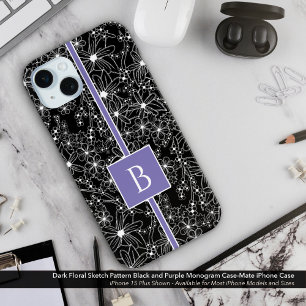 Coque iPhone 15 Mini Motif floral foncé noir pourpre croquis Monogramme
