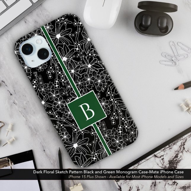Coques Case-Mate iPhone Motif floral foncé noir vert croquis Monogramme (Dark Floral Sketch Look Pattern. Black Flowers with Green Monogram Case-Mate iPhone Case)