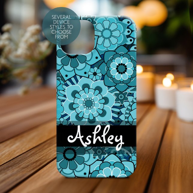 Coques Case-Mate iPhone Motif floral Funky Blue Retro avec nom (Personalized Phone Case)
