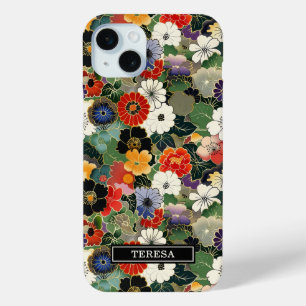 Coque iPhone 15 Mini Motif Floral Japonais Coloré Monogrammé