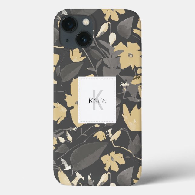 Coques Case-Mate iPhone Motif Floral monogramme gris jaune (Verso)