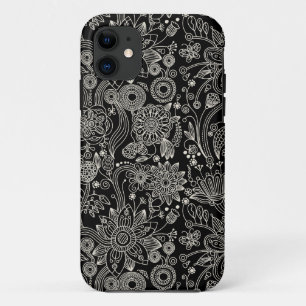 Coque iPhone 11 Motif floral noir et blanc de damassé