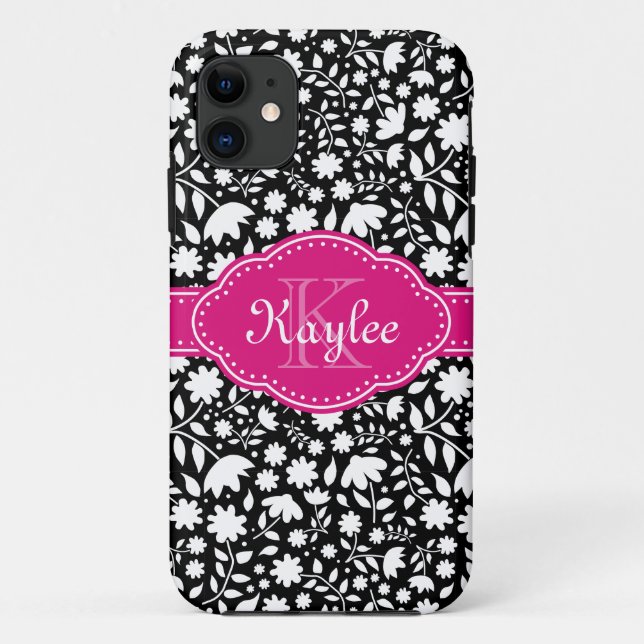 Coques Case-Mate iPhone Motif floral noir et blanc Monogramme rose (Dos)