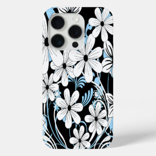Coque iPhone 15 Pro Motif floral noir et blanc rétro