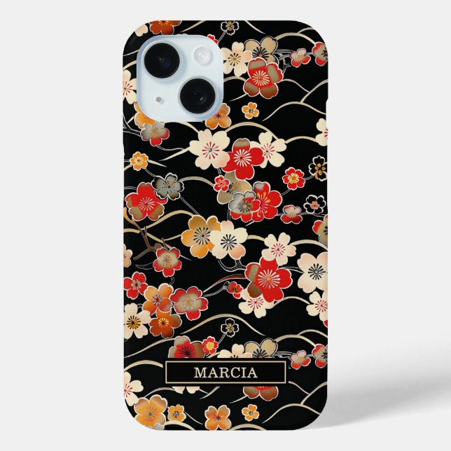Coques Case-Mate iPhone Motif floral noir japonais monogrammé (Verso)
