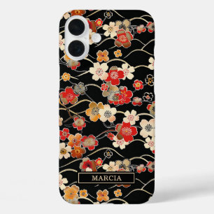Coques iPhone 16 Plus Motif floral noir japonais monogrammé