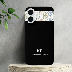 Coque Pour iPhone 16 Motif floral noir mignon Monogramme Moderne