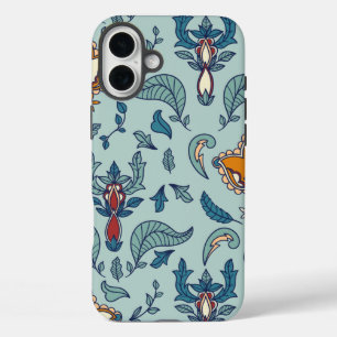 Coques iPhone 16 Plus Motif floral orné sur fond bleu pâle
