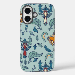 Coque Pour iPhone 16 Motif floral orné sur fond bleu pâle