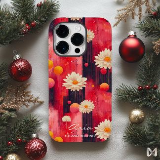 Coque Pour iPhone 14 Pro Motif floral rouge gras avec citation de nom