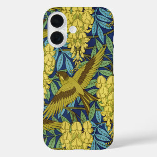 Coque Pour iPhone 16 Motif floral vintage bleu marine et jaune