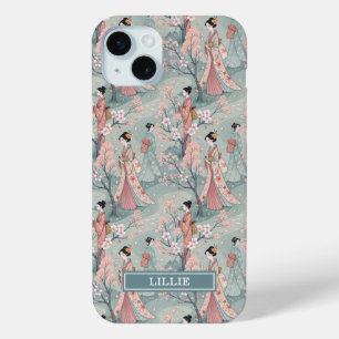 Coque iPhone 15 Mini Motif Geisha Sakura Japonais Monogrammé