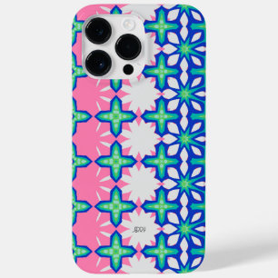 Coque Pour Pour iPhone 14 Pro Max Motif géométrique en gras rose et bleu avec nom