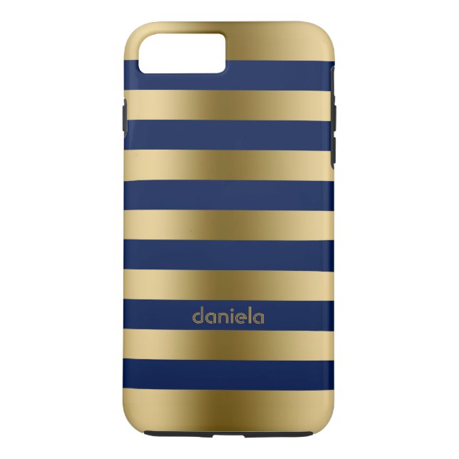 Coques Case-Mate iPhone Motif géométrique Monogramme Gold & Blue Stripes (Dos)