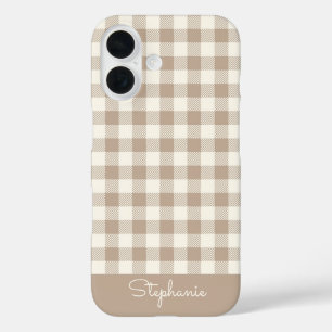 Coque Pour iPhone 16 Motif Gingham Carreaux Vichy Neutre Nom