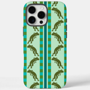 Coques iPhone 16 Pro Max Motif Grenouille Vert Olive avec Rayures à Damier