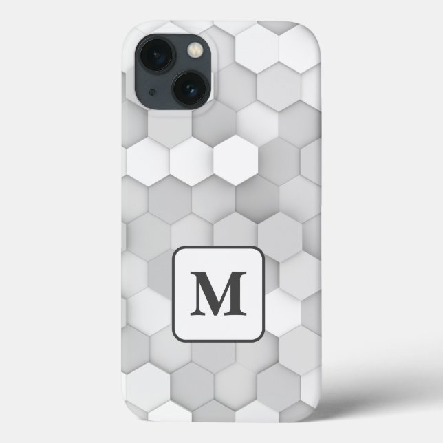Coques Case-Mate iPhone Motif Hexagon géométrique Monogramme blanc et gris (Verso)
