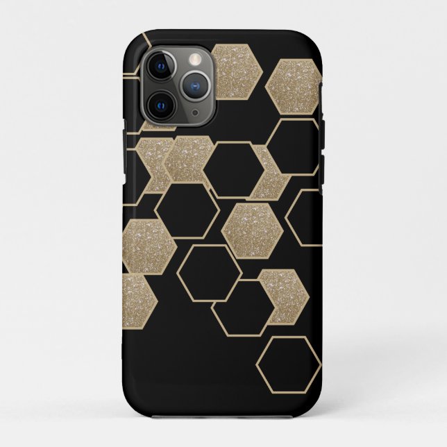 Coques Case-Mate iPhone motif hexagone élégant géométrique noir et or (Dos)