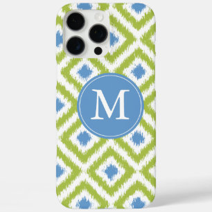 iPhone 16 Pro Max Case Motif Ikat bleu-vert monogramme