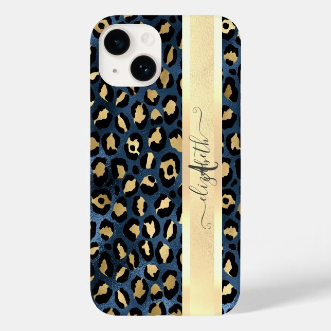 Coques Case-Mate iPhone Motif léopard bleu or monogramme (Verso)