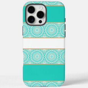 Coques iPhone 16 Pro Max Motif Mandala à rayures turquoise