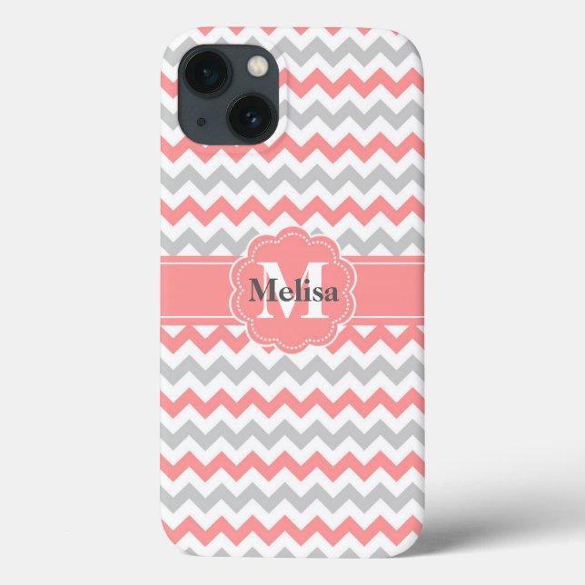 Coques Case-Mate iPhone Motif monogramme gris rose chevron zigzag (Verso)