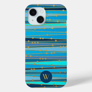 Coque Pour iPhone 15 Motif Monogramme Rayures Bleues Élégant