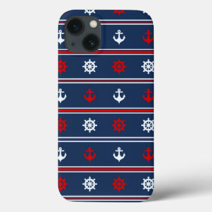 Etui iPhone 13 Motif nautique blanc et bleu rouge