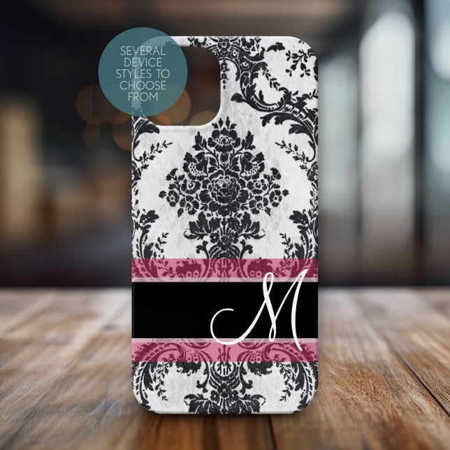 Coques Case-Mate iPhone Motif noir et rose Grunge Damask Monogramme (Personalized Phone Case with Huge Monogram)