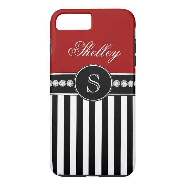 Coques Case-Mate iPhone Motif noir rouge nommé de rayures de monogramme (Dos)