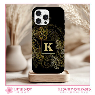 Coque Pour iPhone 16 Motif Paisley Monogramme Noir Élégant à Dorure