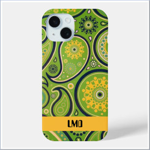 Coque Pour iPhone 15 Motif Paisley Vert et Jaune Rétro