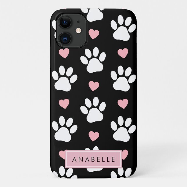 Coques Case-Mate iPhone Motif Paw, Paws Blanches, Coeurs Rose, Votre Nom (Dos)
