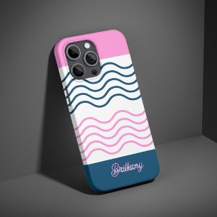 Coques iPhone 16 Pro Motif personnalisé Bleu et rose rayures ondulées