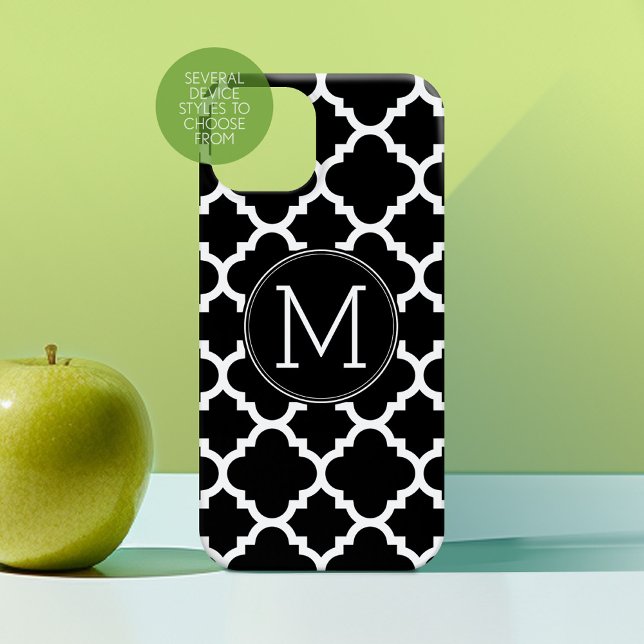 Coques Case-Mate iPhone Motif Quatrefoil noir et blanc Monogramme personna (Personalized Phone Case with Custom Text - Choose a Device Style)