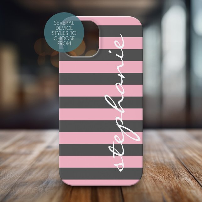 Coques Case-Mate iPhone Motif rayé rose gris tendance Nom du script (Personalized Phone Case with Trendy Stripes and Custom Name)