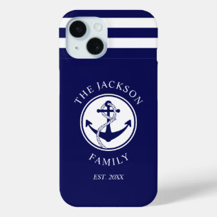Coque Pour iPhone 15 Motif rayures bleu marine nautique Nom de famille