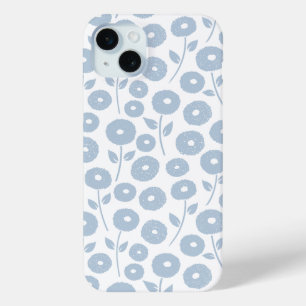 Coque iPhone 15 Mini Motif répété de fleurs floues bleu sur blanc