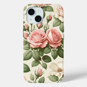 Coque Pour iPhone 15 Motif rose vintage sur Arrière - plan crème