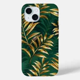 Coque Pour iPhone 15 Motif sans couture avec des fougères dorées